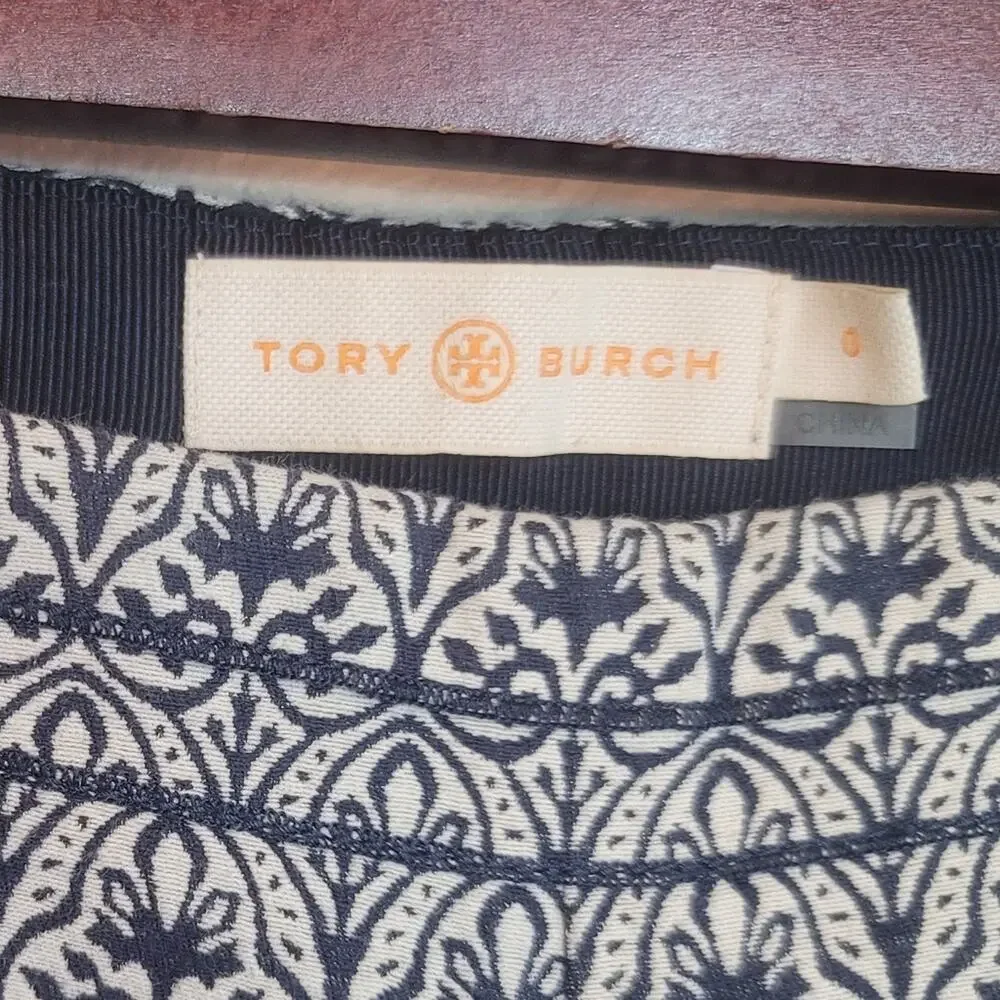 TORY BURCH Heidi Blue White Jacquard Stretch Pant Coastal Office Preppy Classic